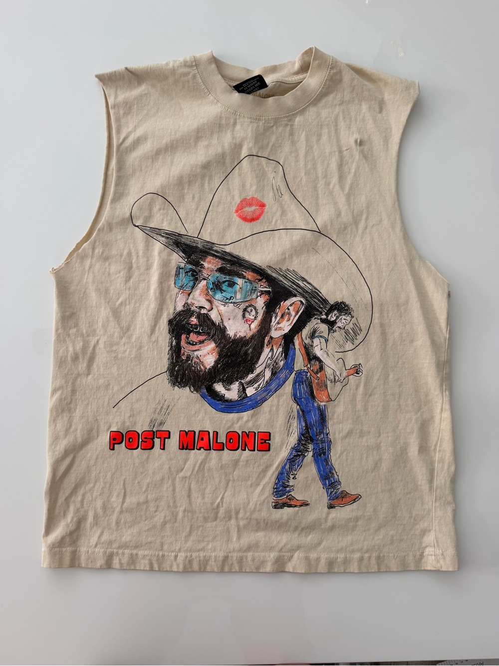 Post Malone Giant Vintage Graphic Muscle Tank Tee Cream Size Medium Band Tee EUC